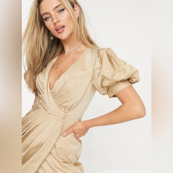 ASOS Structured Drape Wrap Mini Puff Sleeve Tan Dress Size 14 - Picture 3 of 13